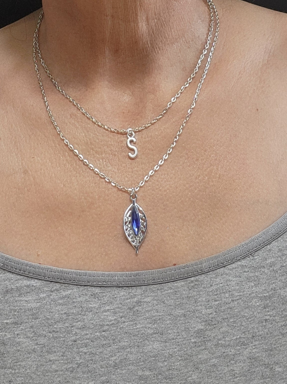 Two Strand Silver Plated βSβ Initial Necklace, Blue Crystal Leaf Pendant For Her